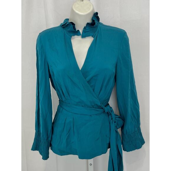 DIANE VON FURSTENBERG DVF Silk Wrap Top Long Sleeve Stretch Teal Blue Size 4 - Picture 1 of 8